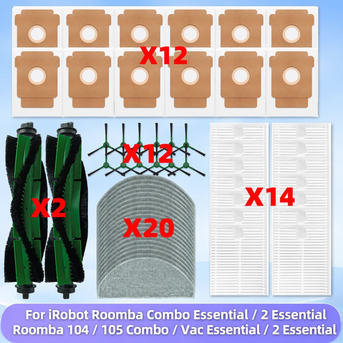 Fit For iRobot Roomba Combo Essential/ 2 Essential, Vac 2 Essential, 104 / 105 Combo Parts Main Side Brush Bag Filter Mop Cloth