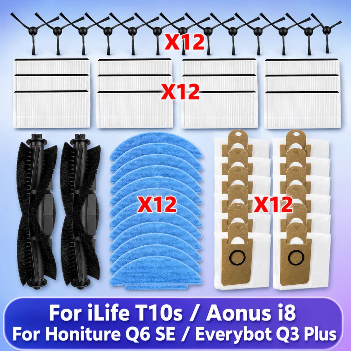 Fit For iLife T10s / Aonus i8 / Honiture Q6 SE CRV0009 / Everybot Q3 Plus Parts Main Side Brush Filter Mop Cloth Dust Bag