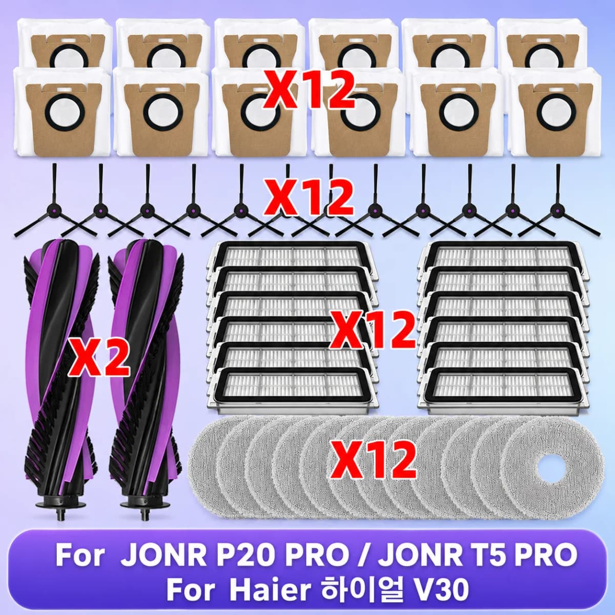 Fit For ( JONR P20 PRO / JONR T5 PRO / Haier V30) Vacuum Parts Main Roller Side Brush Filter Mop Cloth Dust Bag Accessories