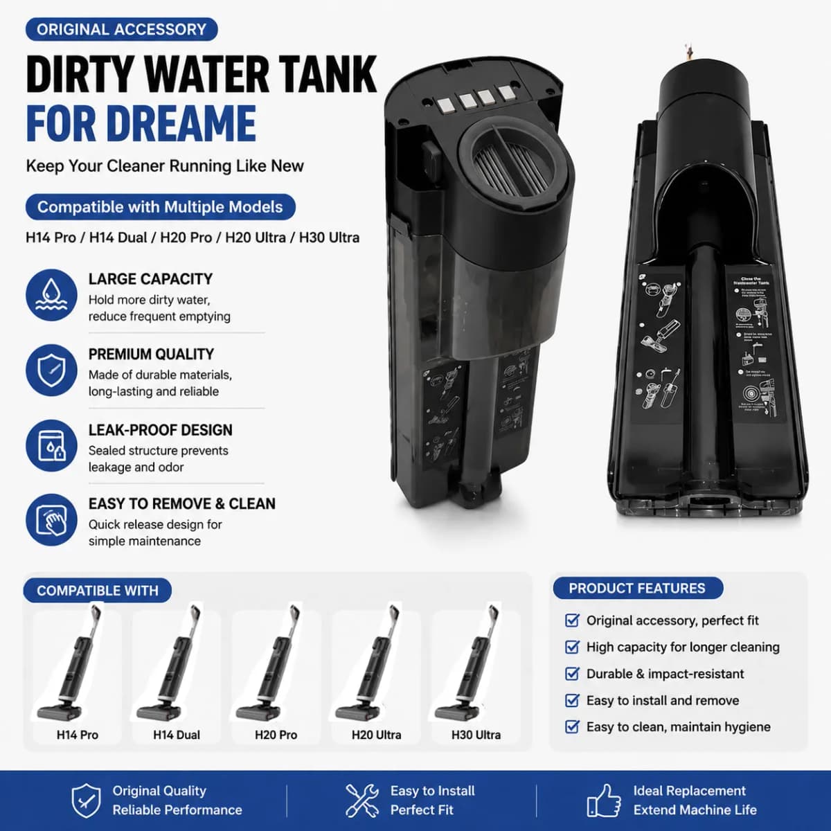 Original Dreame H20 Pro Dirty Water Tank Accessory For H14 Pro/H14 Dual /H20 Ultra/H30 Ultra Wet Dry Vacuum Cleane Spare Parts
