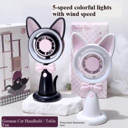 New Cat-Shaped Handheld Fan with Strong Wind, USB Charging, Suitable for Student Dormitories, Desktop Small Fan with Light