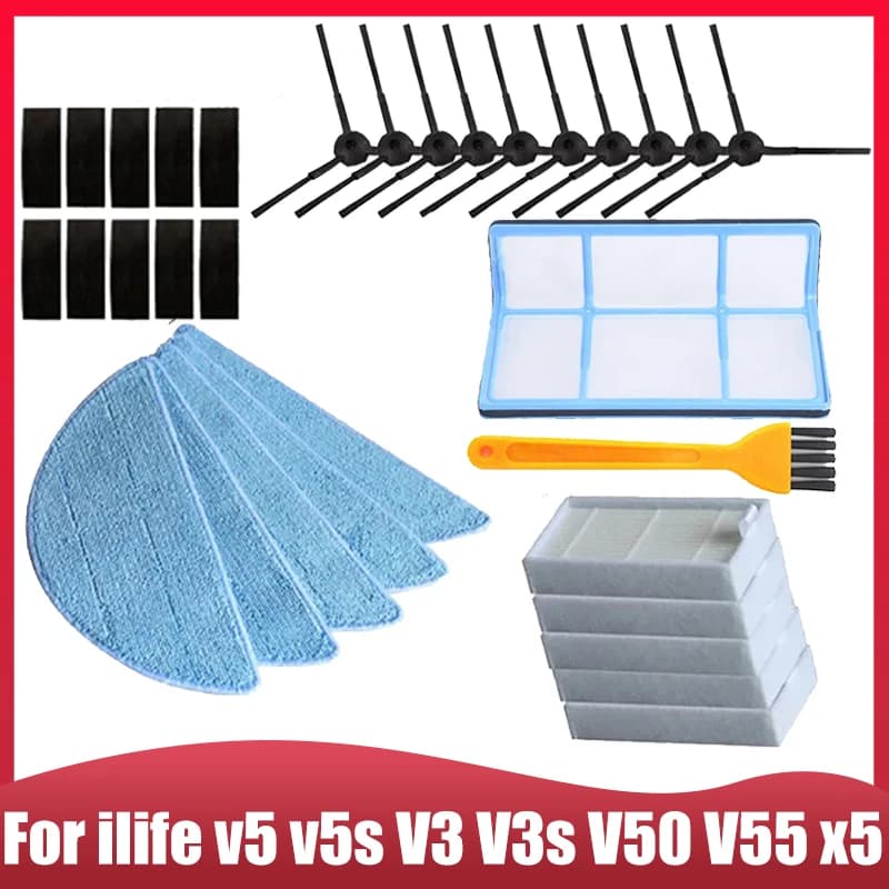 For ILife V5 V5S V3 V3S V5Pro V50 V55 X5 Robot Vacuum Cleaner Spare Parts, Side Brush HEPA Filter Mop Velcro Replacement Parts