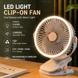 Clip on Fan Portable with LED Lights 3 Speed Adjustable Wind Speed Equipped Silent Desktop Fan Home Bedroom Camping Fan