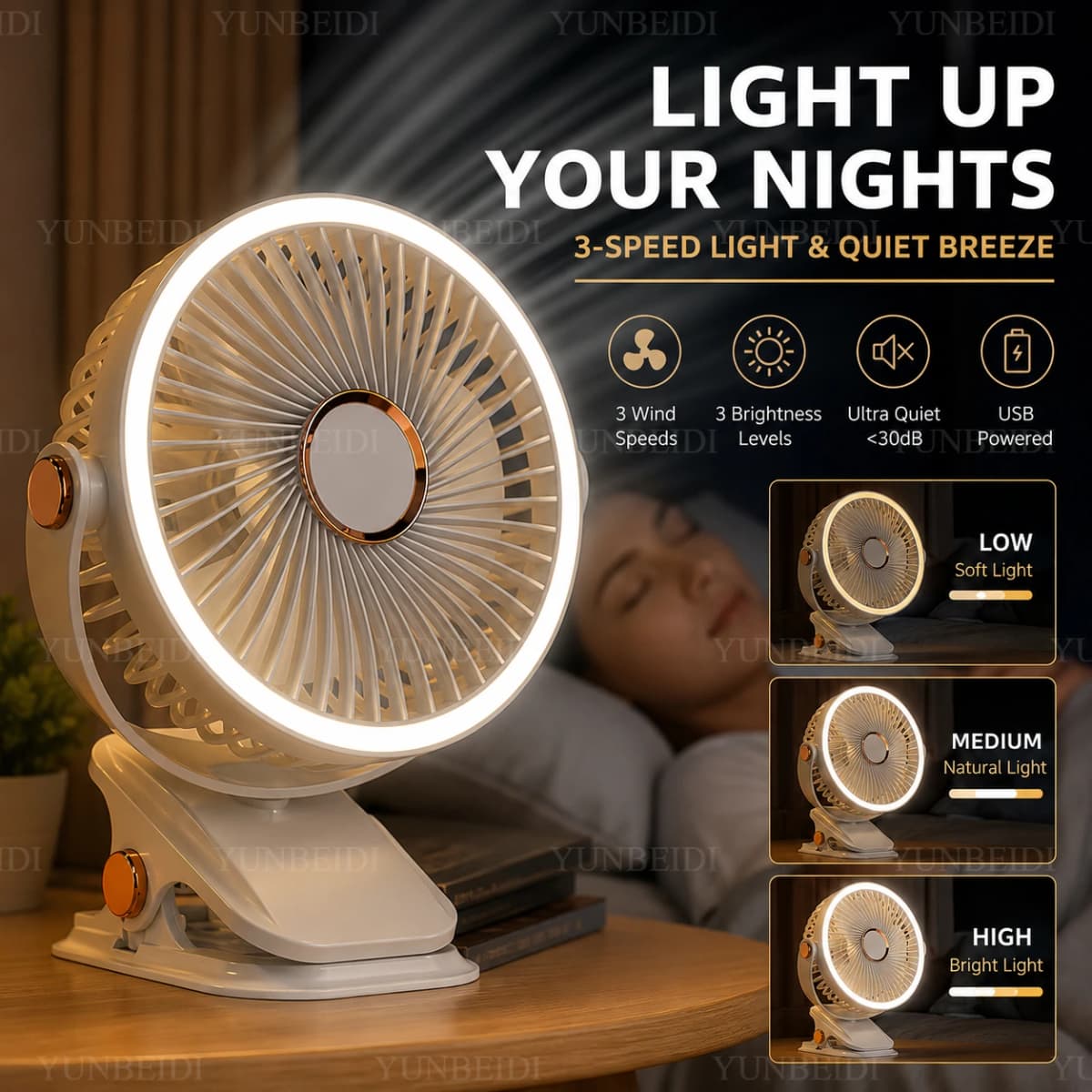 Clip on Fan Portable with LED Lights 3 Speed Adjustable Wind Speed Equipped Silent Desktop Fan Home Bedroom Camping Fan