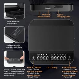 Portable Coffee Scale 0.1g Precision 0.3g-2000g, Flow Rate & Ratio Modes, 7H Battery Type-C, Tempered Glass, White & Black