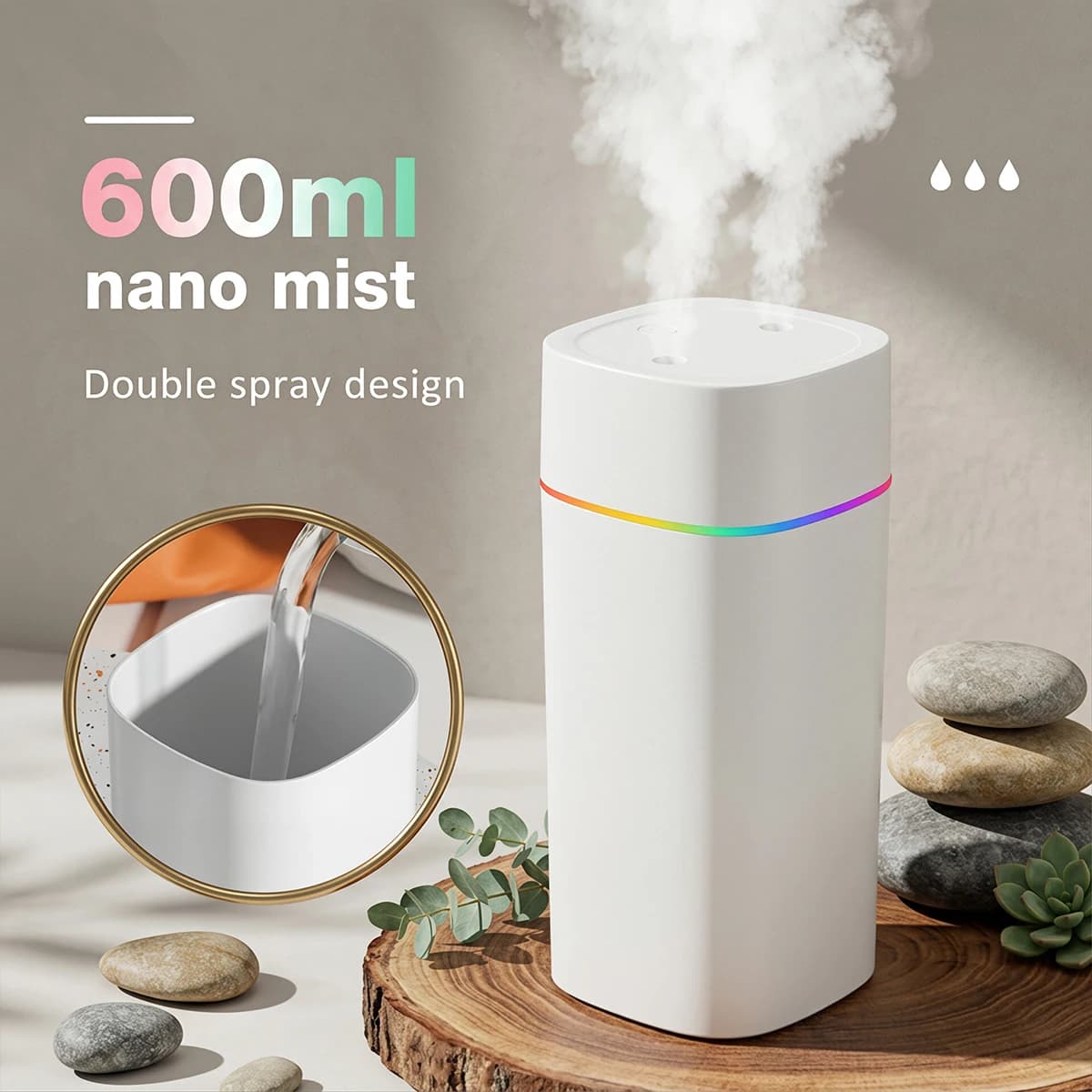 Portable USB Double Spray Port Humidifier 600ml Aromatherapy Oil Diffuser Mute Atomizer for Home Car Air Humidifier Mist Maker