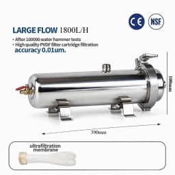Whole House 1800L/H UF Water Filter 0.01μm Stainless Steel Washable PVDF Membrane Purifier，No Power Needed，Easy Detachable