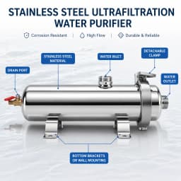 Whole House 1800L/H UF Water Filter 0.01μm Stainless Steel Washable PVDF Membrane Purifier，No Power Needed，Easy Detachable