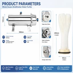 Whole House 1800L/H UF Water Filter 0.01μm Stainless Steel Washable PVDF Membrane Purifier，No Power Needed，Easy Detachable
