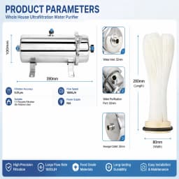 Whole House 1800L/H UF Water Filter 0.01μm Stainless Steel Washable PVDF Membrane Purifier，No Power Needed，Easy Detachable