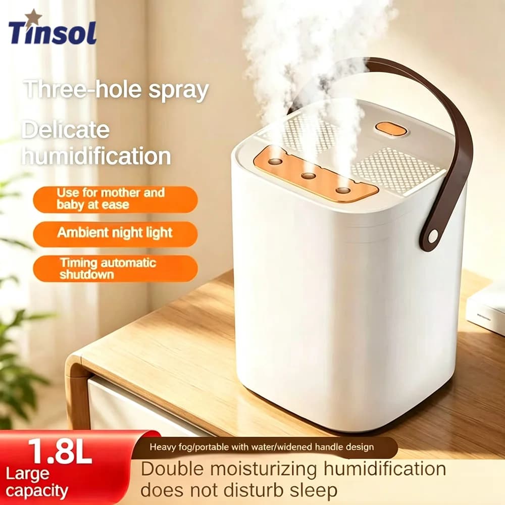 TINSOL 1.8L Three-Hole Spray Humidifier with Dual Filter USB Large Capacity Home/Dormitory/Bedroom/Office Night Light Humidifier