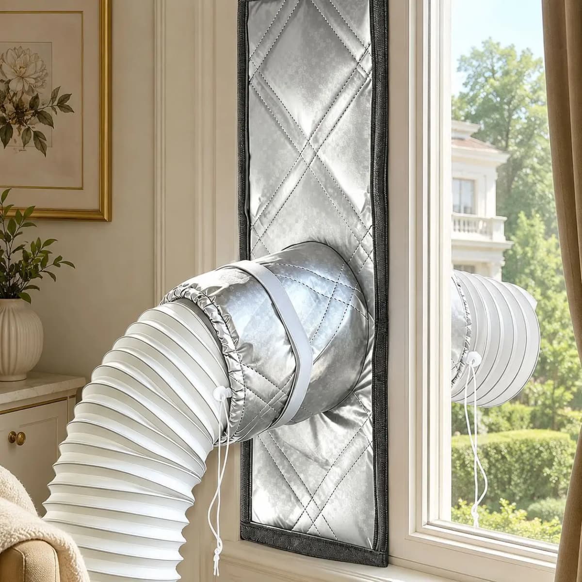 Portable Air Conditioner Window Seal Cloth, Insulated Window Vent Kit with Drawstring Hole for Portable AC Exhaust Hose, Heat In