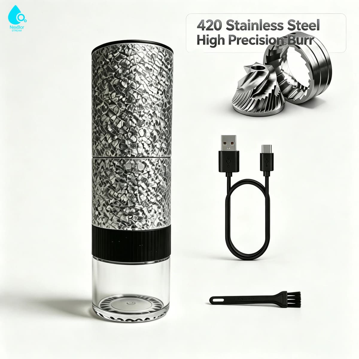 NEXBOR STREAM 2026 New Upgraded Portable Electric Coffee Grinder with 420 Stainless Steel Burrs - 40 Adjustable Grind Settings