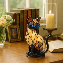 Stained Glass Cat Lamp Cute Animal Resin Night Light LED Bedside Lamp for Bedroom Living Room Decor Home Decoration Gift