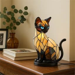 Stained Glass Cat Lamp Cute Animal Resin Night Light LED Bedside Lamp for Bedroom Living Room Decor Home Decoration Gift