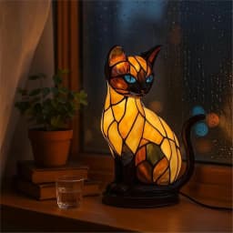 Stained Glass Cat Lamp Cute Animal Resin Night Light LED Bedside Lamp for Bedroom Living Room Decor Home Decoration Gift