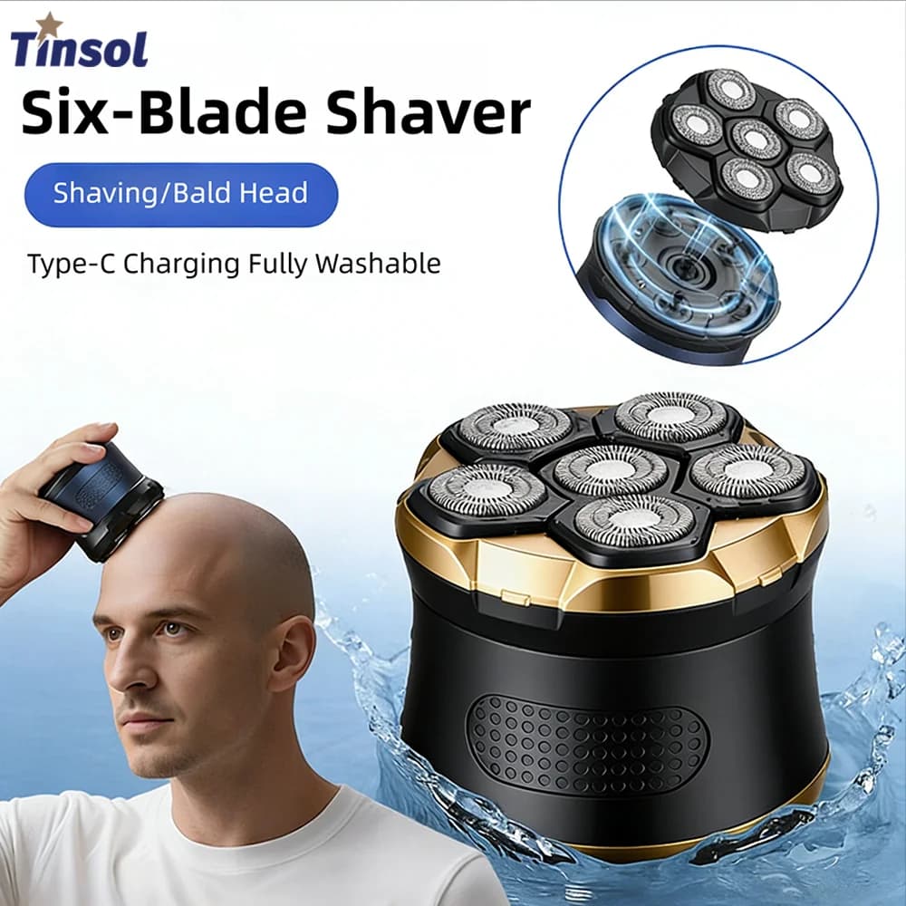 TINSOL Men's Electric Shaver 6D Magnetic Hair Trimmer Rechargeable LED Waterproof Facial Hair Clipper Bald Head Machine