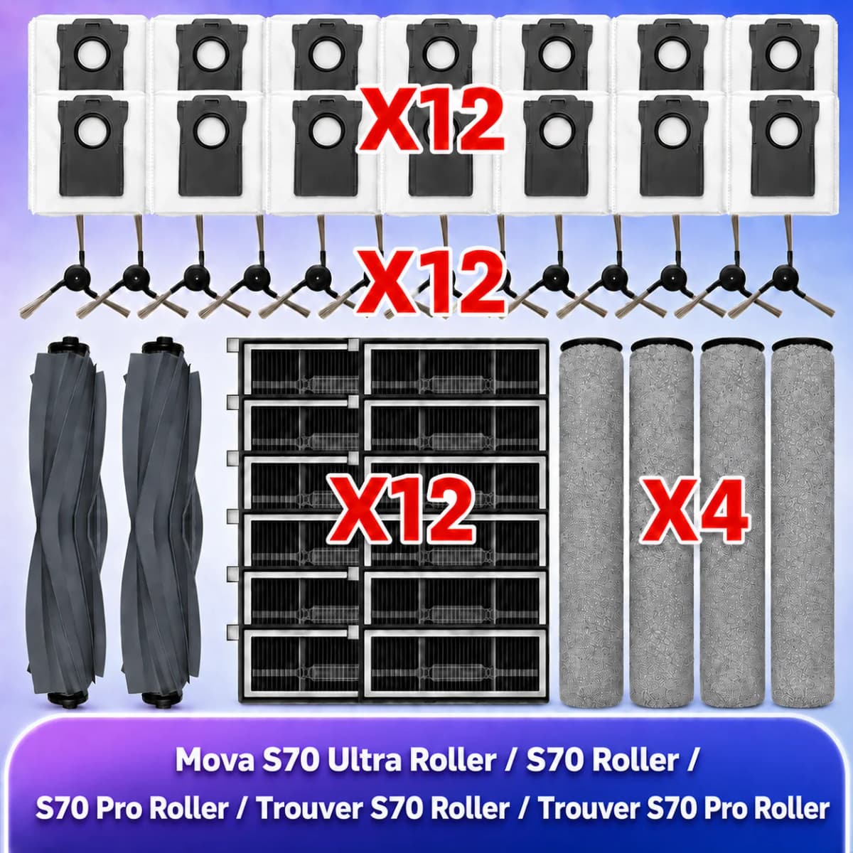 Fit For MOVA S70 Roller/ S70 Ultra Roller/ S70 Pro Roller, Trouver S70 Pro Roller Tricut Side Brush Filter Roller Mop Cloth Bag