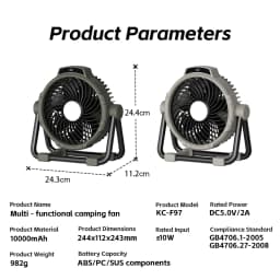 Portable 6 in 1 Outdoor Camping Fan 10000mAh Rechargeable Wireless Tent Ceiling Fan 5 Speed Adjustment Remote Control LED Light