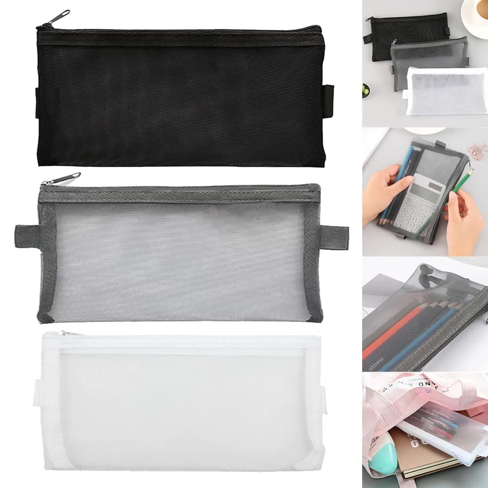 Pencil Case Set Clear Exam Pencil Pouch Mesh Zipper Pen Pouch Nylon Pen
