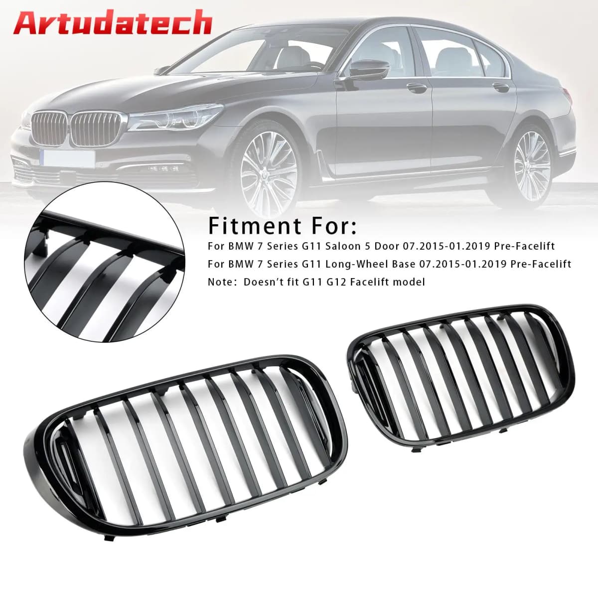 Artudatech Gloss Black Front Kidney Grille Fit for BMW 7-Series G11 G12 740i 750i 2016-2018