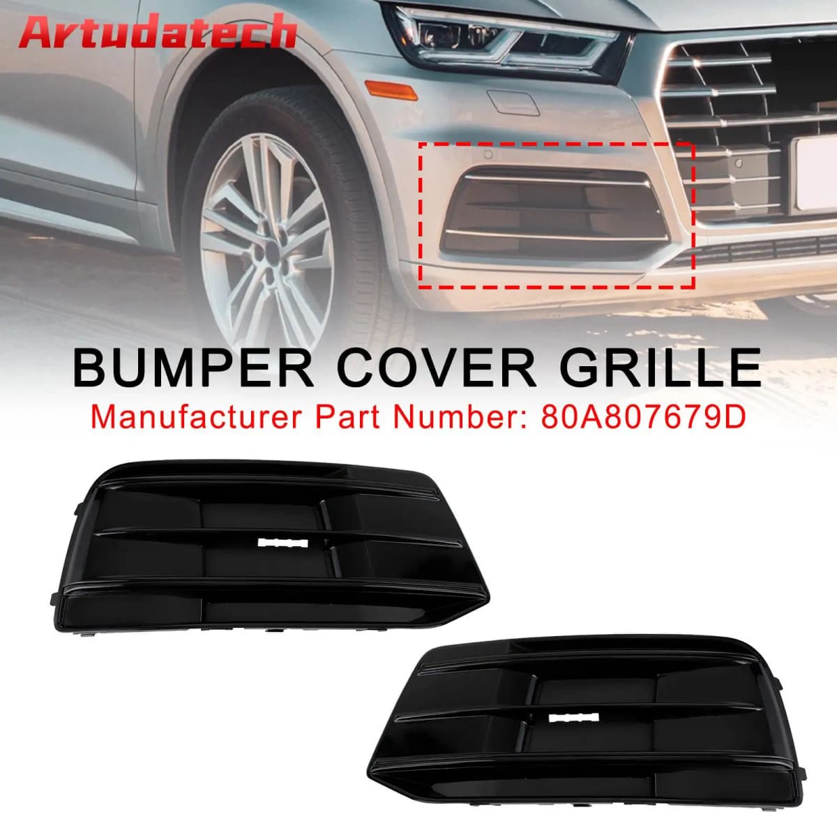 Artudatech 2PCS Front Bumper Cover Grille Bezel Insert Fit for Audi Q5 2018 2019 2020 2021 2022 Gloss Black
