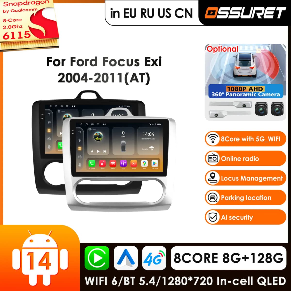 2Din 360Camera Car Intelligent System Android 14 Car Radio for Ford Focus 2 Mk2 2004-2011 Multimedia Player Autoradio Carplay 4G
