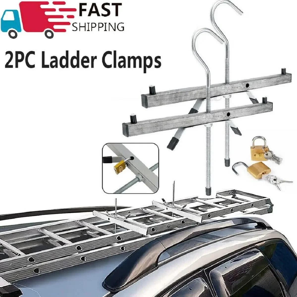 Heavy Duty Ladder Roof Rack Clamp Clamps 2 Locks Lockable Safe Ladders Rack Rail Bar Luggage Carrier with Lock Top Car Rack