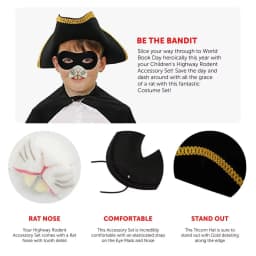 Childs Highway Costume Accessory Set - Black Tricorn Hat, Black Eye Mask and Rabbit Nose - Kids World Book Day Book Day Costume