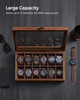 SONGMICS Watch Box with 12 Slots, Watch Case, Solid Wood Watch Box Organiser with Large Glass Lid, Watch Display Box