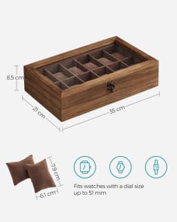 SONGMICS Watch Box with 12 Slots, Watch Case, Solid Wood Watch Box Organiser with Large Glass Lid, Watch Display Box
