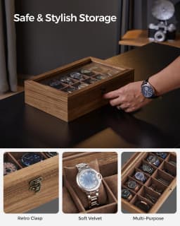 SONGMICS Watch Box with 12 Slots, Watch Case, Solid Wood Watch Box Organiser with Large Glass Lid, Watch Display Box