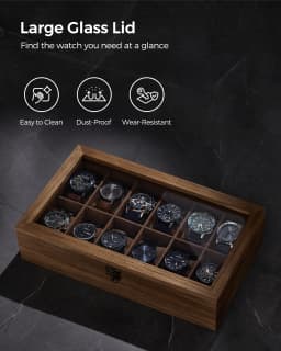 SONGMICS Watch Box with 12 Slots, Watch Case, Solid Wood Watch Box Organiser with Large Glass Lid, Watch Display Box