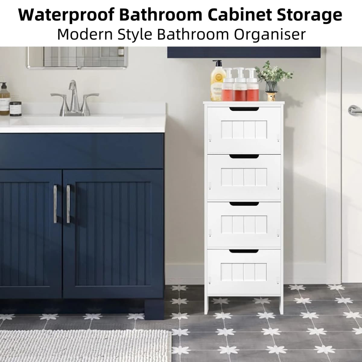 BRIEFNESS Bathroom Cabinet Bathroom Storage Cabinet PVC Freestanding Chest of Drawers with 4 Drawers Floor Vertical Cabinet