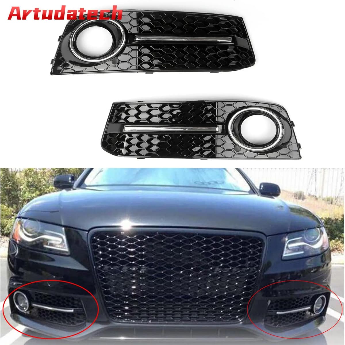 Artudatech LH Chrome Honey Comb Fog Light Cover Grille Grills For Audi A4 B8 2009-2012