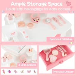 GOFLAME 2-in-1 Kids Vanity Set Pretend Makeup Table & Chair Set w/ Heart-shaped Mirror