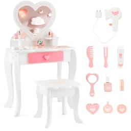 GOFLAME 2-in-1 Kids Vanity Set Pretend Makeup Table & Chair Set w/ Heart-shaped Mirror