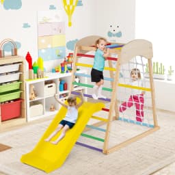 DORTALA 4-in-1 Jungle Gym Wooden Indoor Toddler Playground w/Slide-Colorful