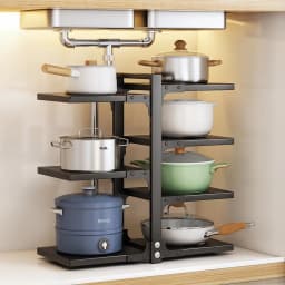 Multi-Tier Height-Adjustable Kitchen Pan Organizer Rack 180-degree Open Access