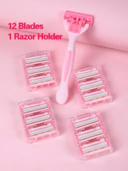 1 Handle + 12 Blades/ Men Women Manual Safety Razor 6-Layer Stainless Steel Hair Removal Shaving Replaceable Shaver Head