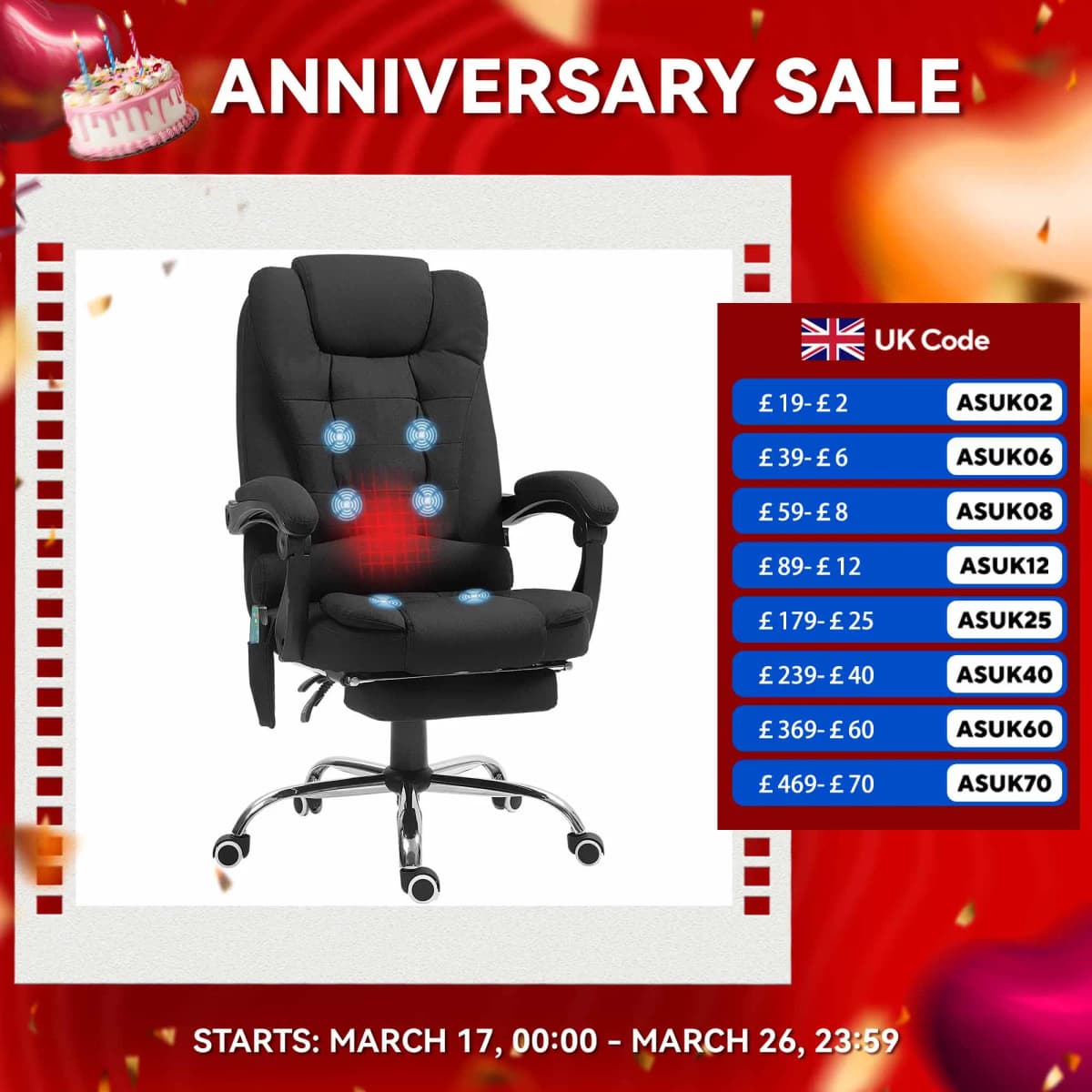 Vinsetto Ergonomic Heated 6 Points Vibration Massage Office Chair, Black