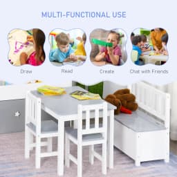 HOMCOM 4-Piece Kids Table and Chair Set with 2 Wooden Chairs, 1 Storage Bench, and Interesting Modern Design