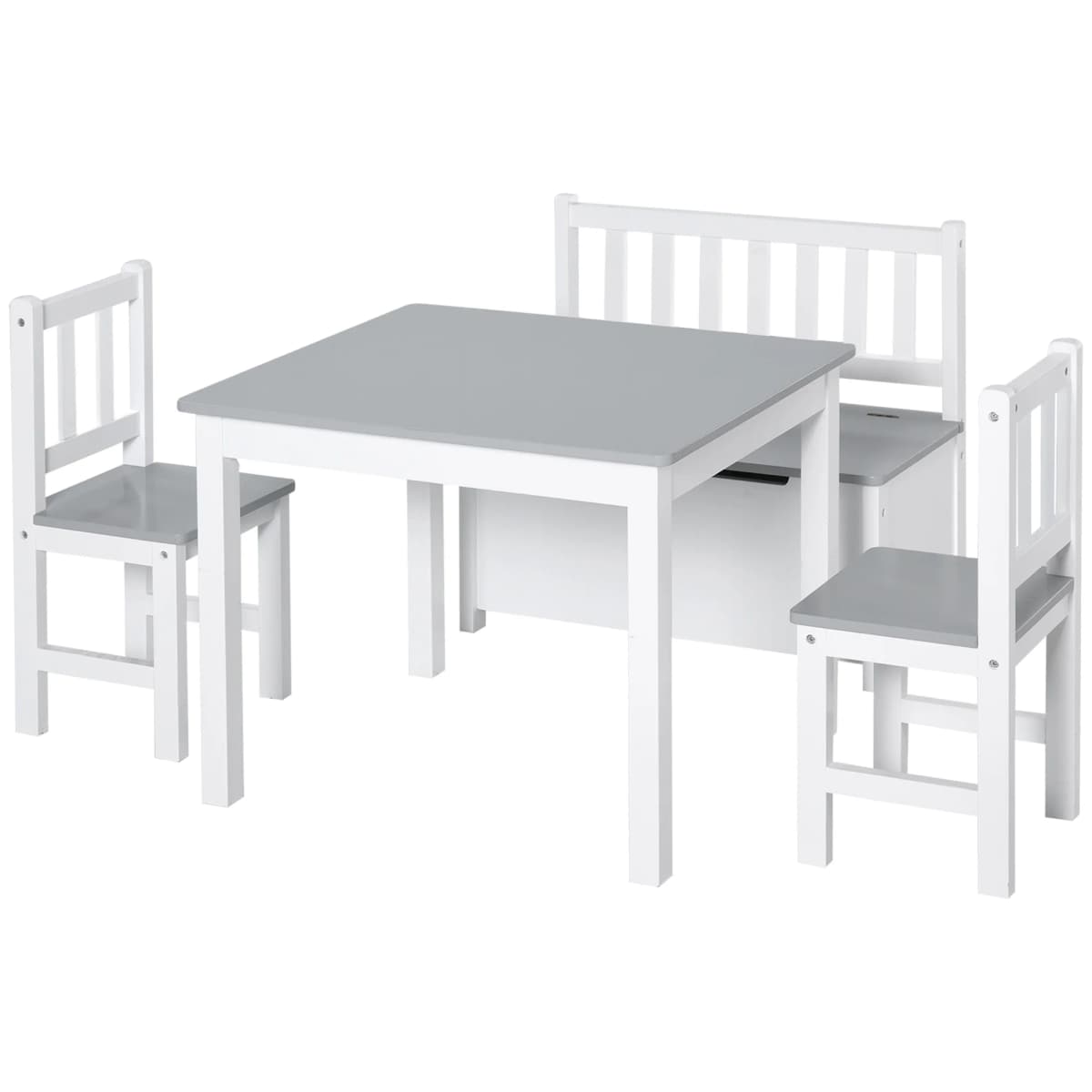 HOMCOM 4-Piece Kids Table and Chair Set with 2 Wooden Chairs, 1 Storage Bench, and Interesting Modern Design