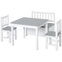 HOMCOM 4-Piece Kids Table and Chair Set with 2 Wooden Chairs, 1 Storage Bench, and Interesting Modern Design