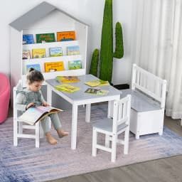 HOMCOM 4-Piece Kids Table and Chair Set with 2 Wooden Chairs, 1 Storage Bench, and Interesting Modern Design