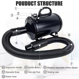 BRIEFNESS Pet Dryer with Heated Dog Grooming Blower with 3 Nozzles Small/Medium/Large Dog Pet Blower Black