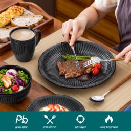 vancasso 16/32 Piece Relief Ceramic Plates Set Black Elegent Tableware set with 4/8 PCS Dinner Plate/Dessert/Cereal Bowl/Mug