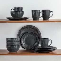 vancasso 16/32 Piece Relief Ceramic Plates Set Black Elegent Tableware set with 4/8 PCS Dinner Plate/Dessert/Cereal Bowl/Mug