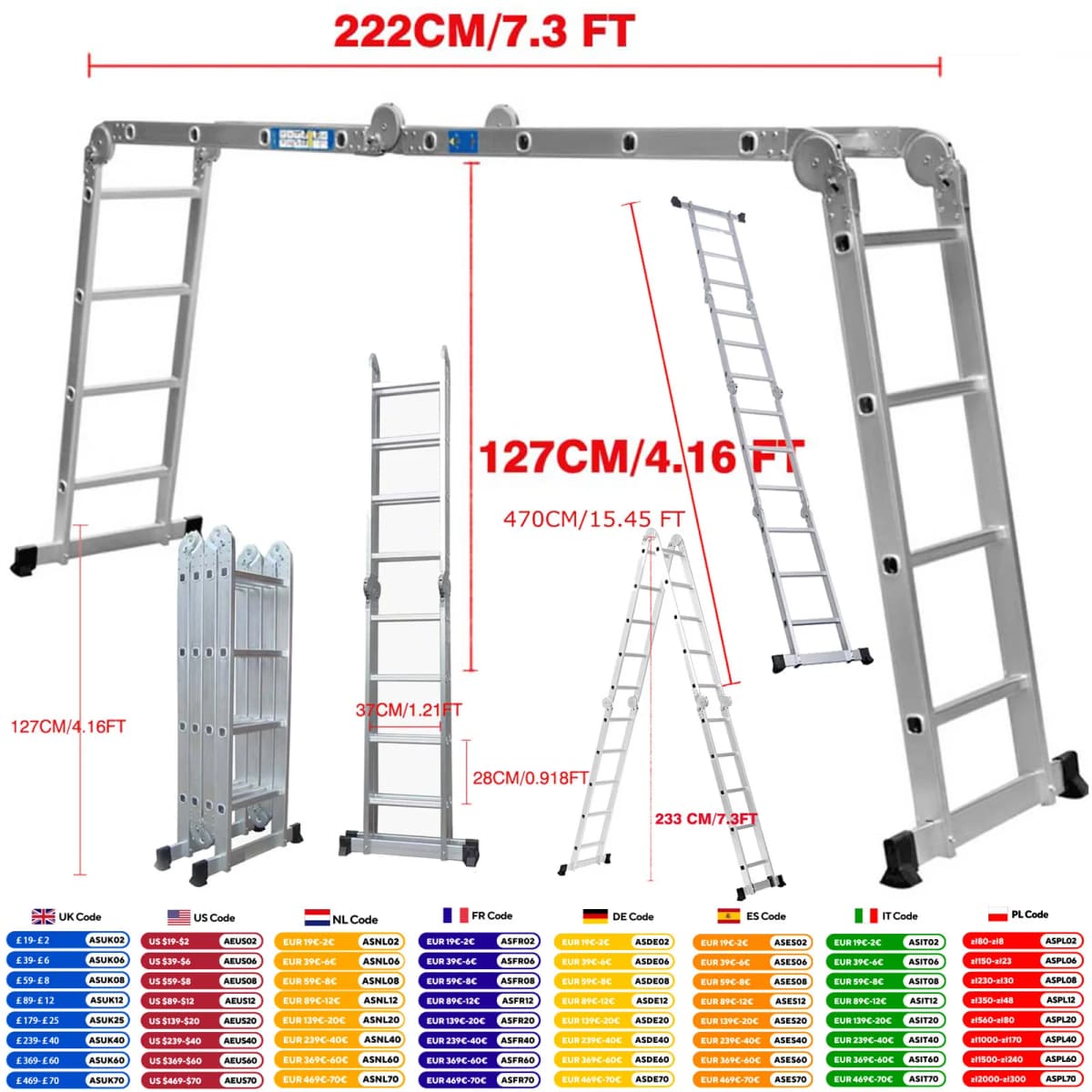 Huini Multi-Purpose 4.7m/15.4ft Folding Ladder Aluminium Extension with Safety Platform, 16 Steps Heavy Duty 14 IN 1 Combination