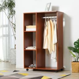 HOMCOM Rolling Open Wardrobe Hanging Rail Storage Shelves for Clothes, Walnut